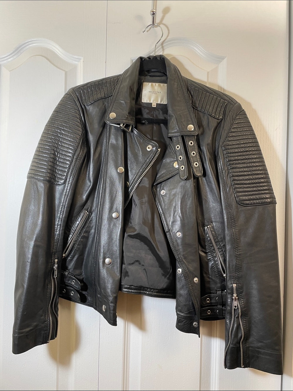 Black 100% Lamb Leather Bomber Jacket - Selected Femme